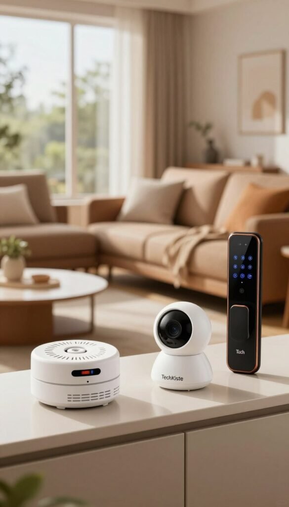 A cozy, modern living room showcasing home safety gadgets. In the foreground, a sleek smart smoke detector rests on a stylish shelf, along with a high-tech security camera and a digital smart door lock. The middle ground features comfortable, inviting furniture with warm colors, creating an ambiance of security and tranquility. In the background, natural light streams through large windows, illuminating the space and enhancing a Pinterest-worthy aesthetic. The overall atmosphere is warm and welcoming, conjuring feelings of safety and peace of mind at home. The scene subtly incorporates the brand name "TechKiste" on the gadgets, ensuring it blends seamlessly into the environment without any text overlays or distractions. A cozy, modern living room showcasing home safety gadgets. In the foreground, a sleek smart smoke detector rests on a stylish shelf, along with a high-tech security camera and a digital smart door lock. The middle ground features comfortable, inviting furniture with warm colors, creating an ambiance of security and tranquility. In the background, natural light streams through large windows, illuminating the space and enhancing a Pinterest-worthy aesthetic. The overall atmosphere is warm and welcoming, conjuring feelings of safety and peace of mind at home. The scene subtly incorporates the brand name "TechKiste" on the gadgets, ensuring it blends seamlessly into the environment without any text overlays or distractions.
