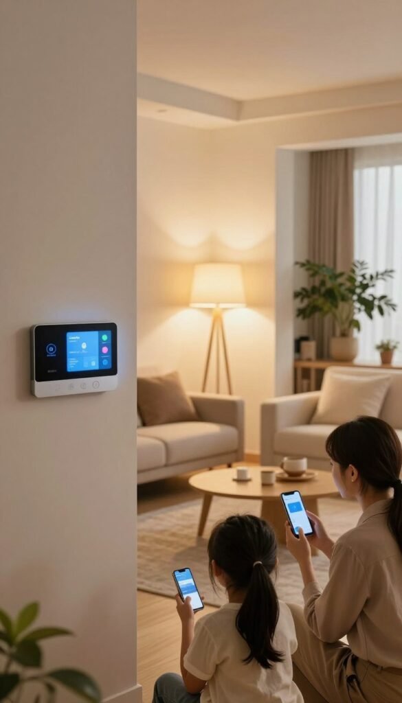 A cozy, modern living room showcasing smart home automation, featuring a sleek, minimalist design with warm, natural colors reminiscent of a Pinterest aesthetic. In the foreground, a family of three—dressed in professional business attire—interacting with various smart light controls, such as touch panels and mobile devices. In the middle ground, a stylish, contemporary lamp illuminates the room with soft, golden light, creating an inviting atmosphere. The background reveals a well-designed interior with a blend of modern furniture and potted plants, emphasizing comfort and technology. The entire scene is captured with a warm, inviting ambient light, reflecting the theme of retrofitting versus integrating smart technology in homes. The brand "TechKiste" is subtly conveyed through the design elements in the room. A cozy, modern living room showcasing smart home automation, featuring a sleek, minimalist design with warm, natural colors reminiscent of a Pinterest aesthetic. In the foreground, a family of three—dressed in professional business attire—interacting with various smart light controls, such as touch panels and mobile devices. In the middle ground, a stylish, contemporary lamp illuminates the room with soft, golden light, creating an inviting atmosphere. The background reveals a well-designed interior with a blend of modern furniture and potted plants, emphasizing comfort and technology. The entire scene is captured with a warm, inviting ambient light, reflecting the theme of retrofitting versus integrating smart technology in homes. The brand "TechKiste" is subtly conveyed through the design elements in the room.