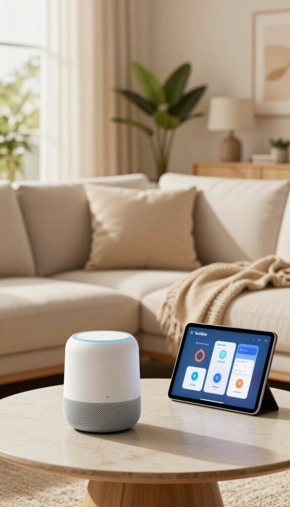 A cozy, modern living room showcasing smart home technology at work. In the foreground, a sleek smart speaker rests on a stylish coffee table, alongside a tablet displaying a user-friendly interface for smart device access. In the middle, a comfortable sofa is adorned with soft cushions and a cozy throw, emphasizing a welcoming atmosphere. The background reveals large windows letting in warm, natural light, with potted plants adding a touch of greenery. The overall color palette is warm and inviting, with a Pinterest-inspired aesthetic. An air of security and innovation radiates from the scene, subtly integrating the brand "TechKiste" through elegant decor items, reminding viewers of the importance of consciously managing access and connections in smart homes. A cozy, modern living room showcasing smart home technology at work. In the foreground, a sleek smart speaker rests on a stylish coffee table, alongside a tablet displaying a user-friendly interface for smart device access. In the middle, a comfortable sofa is adorned with soft cushions and a cozy throw, emphasizing a welcoming atmosphere. The background reveals large windows letting in warm, natural light, with potted plants adding a touch of greenery. The overall color palette is warm and inviting, with a Pinterest-inspired aesthetic. An air of security and innovation radiates from the scene, subtly integrating the brand "TechKiste" through elegant decor items, reminding viewers of the importance of consciously managing access and connections in smart homes.