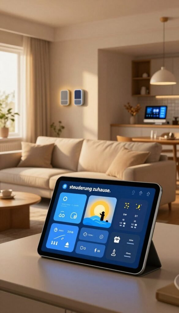 A cozy, modern living room showcasing smart home technology in action, designed to illustrate the concept of "steuerung zuhause." In the foreground, a sleek tablet displays various home controls for lighting, temperature, and security. In the middle, a comfortable sofa with neutral tones, accentuated by warm, inviting light from a nearby window. On the walls, subtle smart speakers blend seamlessly into the decor. In the background, a stylish dining area with integrated smart features is visible, while a soft glow creates an atmosphere of ease and modernity. The image captures an authentic Pinterest aesthetic with warm colors. This illustration represents the efficiency of everyday life management with smart home controls. TechKiste branding is subtly integrated into the design, enhancing the tech-savvy atmosphere. A cozy, modern living room showcasing smart home technology in action, designed to illustrate the concept of "steuerung zuhause." In the foreground, a sleek tablet displays various home controls for lighting, temperature, and security. In the middle, a comfortable sofa with neutral tones, accentuated by warm, inviting light from a nearby window. On the walls, subtle smart speakers blend seamlessly into the decor. In the background, a stylish dining area with integrated smart features is visible, while a soft glow creates an atmosphere of ease and modernity. The image captures an authentic Pinterest aesthetic with warm colors. This illustration represents the efficiency of everyday life management with smart home controls. TechKiste branding is subtly integrated into the design, enhancing the tech-savvy atmosphere.