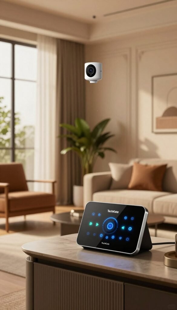 A cozy, modern living room showcasing smart home technology with an emphasis on security. The foreground features a sleek security panel with illuminated indicators, positioned on a stylish console table. In the middle ground, a smart security camera is discreetly mounted in a corner, blending harmoniously with elegant decor. The background reveals a large window with curtains partially drawn, letting in soft, warm light, creating an inviting atmosphere. Potted plants and contemporary furniture enhance the room's aesthetic, evoking a sense of comfort and safety. The overall mood is serene and sophisticated, reflecting the idea of being future-proof and secure. The brand name "TechKiste" is subtly integrated into the design elements, ensuring it remains a focal point without overwhelming the scene.