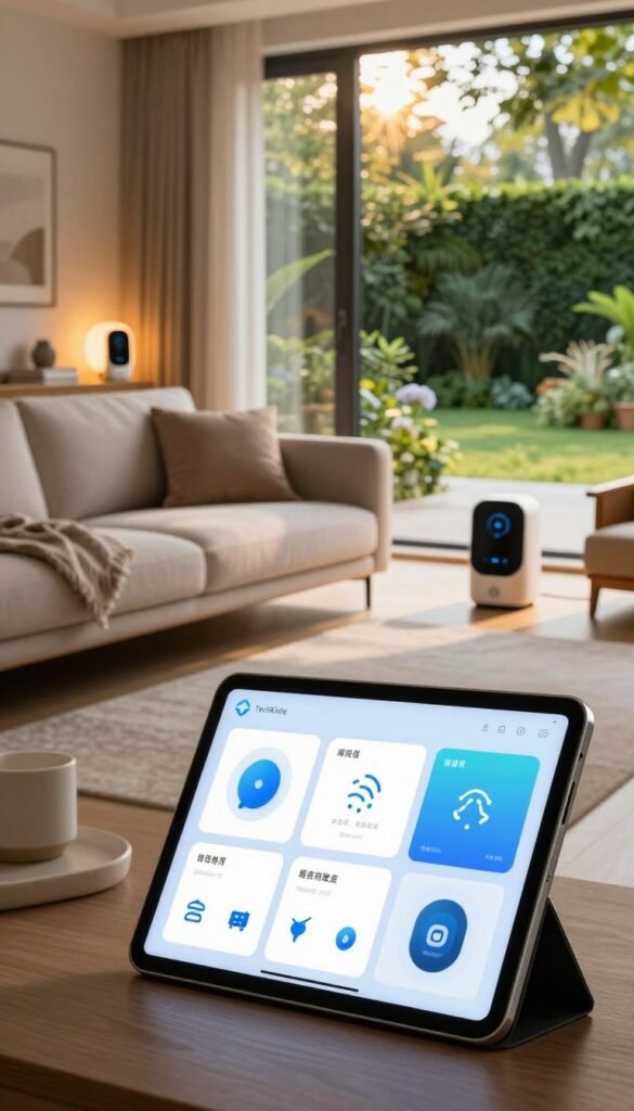 A cozy modern living room showcasing smart home technology. In the foreground, a sleek tablet displays various smart home systems, including wireless, wired, and hybrid setups, with icons representing different functionalities. In the middle ground, a stylish sofa is accompanied by ambient lighting that highlights the smart gadgets configured in the room. The background features large windows revealing a lush garden, infused with warm sunlight and natural colors, creating an inviting atmosphere. The overall mood is contemporary and tech-savvy, echoing the theme of smart homes. Capture the essence of harmonious living with a Pinterest aesthetic. The brand "TechKiste" should subtly appear among the tech elements, ensuring a professional look without any text overlays or signatures. A cozy modern living room showcasing smart home technology. In the foreground, a sleek tablet displays various smart home systems, including wireless, wired, and hybrid setups, with icons representing different functionalities. In the middle ground, a stylish sofa is accompanied by ambient lighting that highlights the smart gadgets configured in the room. The background features large windows revealing a lush garden, infused with warm sunlight and natural colors, creating an inviting atmosphere. The overall mood is contemporary and tech-savvy, echoing the theme of smart homes. Capture the essence of harmonious living with a Pinterest aesthetic. The brand "TechKiste" should subtly appear among the tech elements, ensuring a professional look without any text overlays or signatures.