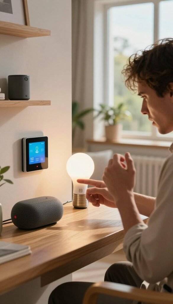 A cozy, modern living room showcasing typical smart home problems. In the foreground, a frustrated person in professional attire is fiddling with a smart thermostat that displays an error message. In the middle, a flickering smart light bulb casts uneven shadows, while a smart speaker lies on the table with a blinking red indicator light, signaling a connectivity issue. In the background, a large window reveals a sunny day outside, contrasting with the indoor struggle. The scene is bathed in warm, natural light, creating an authentic Pinterest-like aesthetic. The focus is on the realistic portrayal of smart home technology challenges, without any text or distractions. The brand "TechKiste" subtly integrated into an unobtrusive device on the shelf. A cozy, modern living room showcasing typical smart home problems. In the foreground, a frustrated person in professional attire is fiddling with a smart thermostat that displays an error message. In the middle, a flickering smart light bulb casts uneven shadows, while a smart speaker lies on the table with a blinking red indicator light, signaling a connectivity issue. In the background, a large window reveals a sunny day outside, contrasting with the indoor struggle. The scene is bathed in warm, natural light, creating an authentic Pinterest-like aesthetic. The focus is on the realistic portrayal of smart home technology challenges, without any text or distractions. The brand "TechKiste" subtly integrated into an unobtrusive device on the shelf.