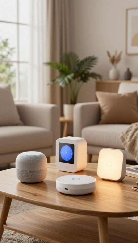A cozy modern living room showcasing various smart home devices, arranged on a stylish coffee table made of light wood. In the foreground, a sleek smart speaker, a smart thermostat, and innovative lighting controls are artistically displayed, all with soft, warm lighting illuminating their surfaces. In the middle, a comfortable sofa and decorative plants set a relaxing atmosphere, with a large window letting in natural light, creating a tranquil ambiance. In the background, subtle decor elements reflect a Pinterest-inspired aesthetic, emphasizing simplicity and functionality. The overall mood is warm and inviting, suggesting the ease and efficiency of integrating smart home technology into daily life. Brand presence of "TechKiste" is subtly integrated into the device designs without overt branding. A cozy modern living room showcasing various smart home devices, arranged on a stylish coffee table made of light wood. In the foreground, a sleek smart speaker, a smart thermostat, and innovative lighting controls are artistically displayed, all with soft, warm lighting illuminating their surfaces. In the middle, a comfortable sofa and decorative plants set a relaxing atmosphere, with a large window letting in natural light, creating a tranquil ambiance. In the background, subtle decor elements reflect a Pinterest-inspired aesthetic, emphasizing simplicity and functionality. The overall mood is warm and inviting, suggesting the ease and efficiency of integrating smart home technology into daily life. Brand presence of "TechKiste" is subtly integrated into the device designs without overt branding.