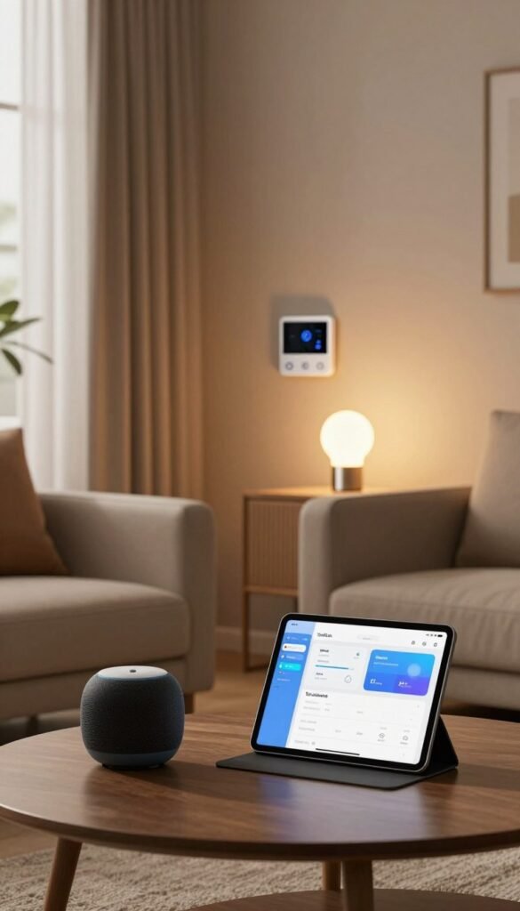 A cozy, modern living room showcasing various smart home devices subtly integrated into the design. In the foreground, a stylish coffee table displays a smart speaker and a tablet with an open smart home app. In the middle, a smart thermostat is mounted on the wall, and a sleek smart light bulb casts a warm, inviting glow. The background features a window with soft curtains allowing natural light to filter in, creating an atmosphere of warmth and comfort. The room is designed with earthy tones and minimalist furniture to evoke a sense of authenticity and privacy. No human figures are present, emphasizing the focus on the devices. The overall mood reflects a balance between technological convenience and the concerns of privacy, highlighted by a brand element subtly placed: "TechKiste."