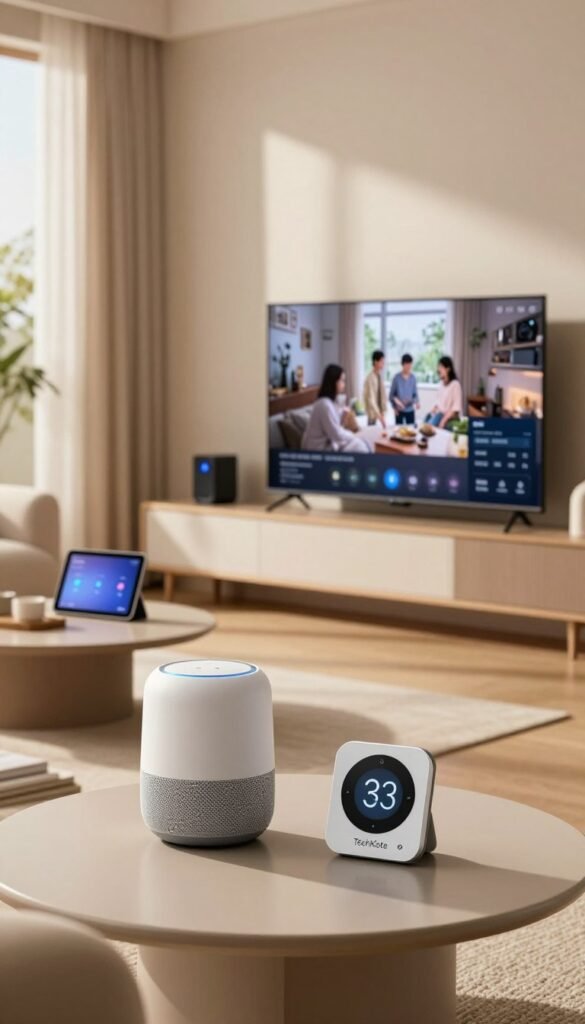 A cozy, modern living room showcasing various sophisticated smart home devices from the brand "TechKiste". In the foreground, a sleek smart speaker and a stylish smart thermostat sit on a minimalist coffee table. In the middle, a large, smart TV displays a home security feed, while a tablet with an intuitive interface rests beside it. The background features a soft-lit, inviting sofa and large windows letting in warm, natural light, casting gentle shadows across the room. The atmosphere is calm and secure, with a Pinterest-worthy aesthetic that combines comfort and technology. The scene invokes a feeling of modern convenience while subtly highlighting the potential vulnerabilities inherent in connected devices.