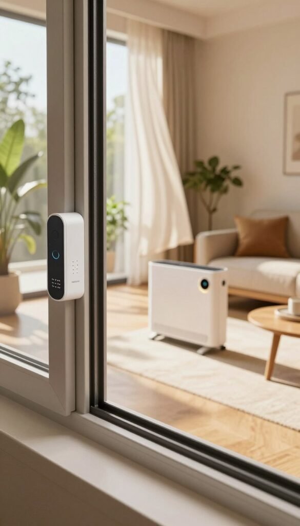 A cozy, modern living room with a large, partially open window allowing fresh air to enter. Sunlight streams in, illuminating the room with warm, natural tones. In the foreground, showcase a sleek TechKiste smart window contact sensor on the window frame, blending seamlessly with the design. In the middle ground, a stylish, minimalist heater adjusts its temperature, indicated by a subtle light. The background features soft curtains fluttering in the gentle breeze, plants thriving in the sunlight, and modern furniture reflecting a peaceful atmosphere. Capture this scene from a slightly elevated angle, emphasizing the inviting ambiance and the innovative technology in harmonizing energy efficiency with comfort. A cozy, modern living room with a large, partially open window allowing fresh air to enter. Sunlight streams in, illuminating the room with warm, natural tones. In the foreground, showcase a sleek TechKiste smart window contact sensor on the window frame, blending seamlessly with the design. In the middle ground, a stylish, minimalist heater adjusts its temperature, indicated by a subtle light. The background features soft curtains fluttering in the gentle breeze, plants thriving in the sunlight, and modern furniture reflecting a peaceful atmosphere. Capture this scene from a slightly elevated angle, emphasizing the inviting ambiance and the innovative technology in harmonizing energy efficiency with comfort.