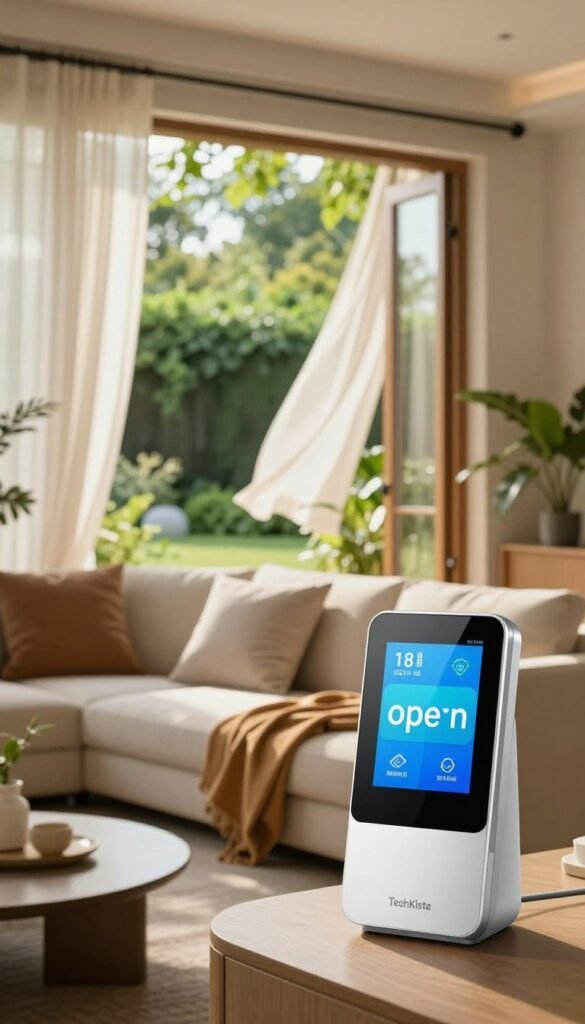 A cozy, modern living room with large open windows showcasing a vibrant, lush outdoor garden. In the foreground, a smart home device from the brand "TechKiste" prominently displays information about open windows. The middle ground features a stylish couch with soft pillows and a warm throw, while a gentle breeze causes the sheer curtains to flutter. Soft, natural lighting filters through the windows, casting a warm glow across the room. In the background, lush greenery is visible, enhancing the atmosphere of relaxation and freshness. The overall mood is inviting and serene, emphasizing the concept of window-open detection for energy efficiency without text or additional elements disrupting the scene. A cozy, modern living room with large open windows showcasing a vibrant, lush outdoor garden. In the foreground, a smart home device from the brand "TechKiste" prominently displays information about open windows. The middle ground features a stylish couch with soft pillows and a warm throw, while a gentle breeze causes the sheer curtains to flutter. Soft, natural lighting filters through the windows, casting a warm glow across the room. In the background, lush greenery is visible, enhancing the atmosphere of relaxation and freshness. The overall mood is inviting and serene, emphasizing the concept of window-open detection for energy efficiency without text or additional elements disrupting the scene.
