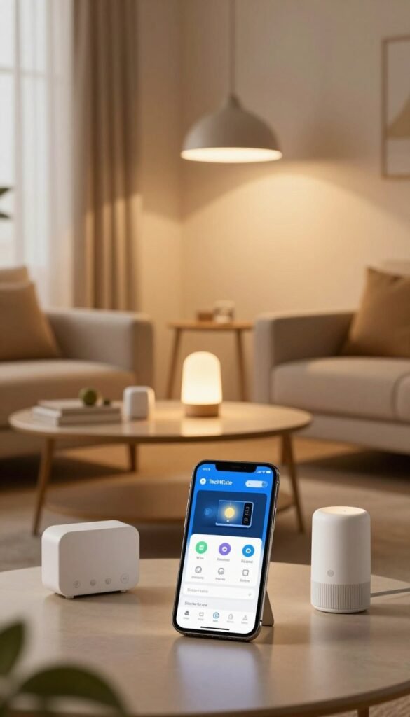 A cozy, modern living room with warm, ambient lighting showcasing various smart lighting control options. In the foreground, a sleek smartphone displaying the TechKiste app interface for managing lighting setups, surrounded by Wi-Fi and Zigbee devices. The middle ground features a stylish coffee table with a small tabletop lamp that elegantly contrasts with a larger fixture hanging above. Soft shadows dance on the walls, creating a welcoming atmosphere. The background shows a window with soft, sheer curtains letting in natural light, embodying a Pinterest-inspired aesthetic. The color palette consists of warm tones like beige, soft yellows, and earthy greens, promoting an inviting and homely feel. Focus on capturing a sense of technological sophistication blended seamlessly with comfort.
