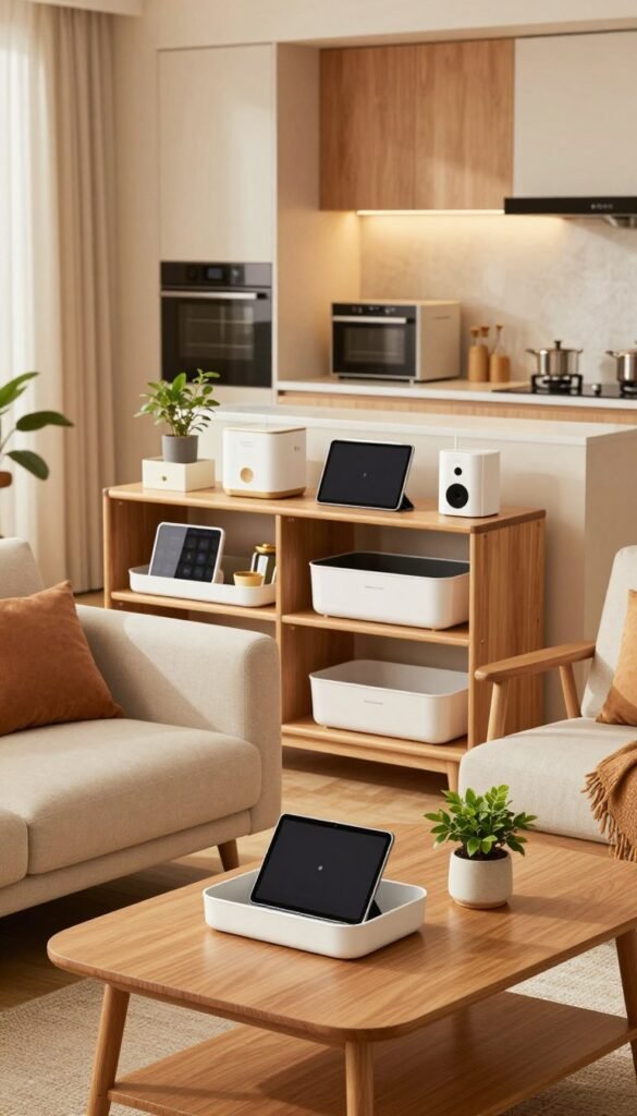 A cozy modern living space designed to maximize storage, showcasing a well-organized interior with stylish furniture and practical gadgets from TechKiste. In the foreground, a neatly arranged coffee table adorned with practical organizers holds a sleek tablet and a chic plant, highlighting the theme of order and efficiency. In the middle, a stylish sofa is paired with multifunctional shelves, featuring various gadgets and decorative items that add character while enhancing functionality. The background reveals a warm, well-lit kitchen area where innovative appliances seamlessly blend into the design. Soft, natural lighting creates an inviting atmosphere, emphasizing the warm colors of the decor. The image embodies a sense of harmony and order, ideal for demonstrating how to tackle space challenges in home environments. A cozy modern living space designed to maximize storage, showcasing a well-organized interior with stylish furniture and practical gadgets from TechKiste. In the foreground, a neatly arranged coffee table adorned with practical organizers holds a sleek tablet and a chic plant, highlighting the theme of order and efficiency. In the middle, a stylish sofa is paired with multifunctional shelves, featuring various gadgets and decorative items that add character while enhancing functionality. The background reveals a warm, well-lit kitchen area where innovative appliances seamlessly blend into the design. Soft, natural lighting creates an inviting atmosphere, emphasizing the warm colors of the decor. The image embodies a sense of harmony and order, ideal for demonstrating how to tackle space challenges in home environments.
