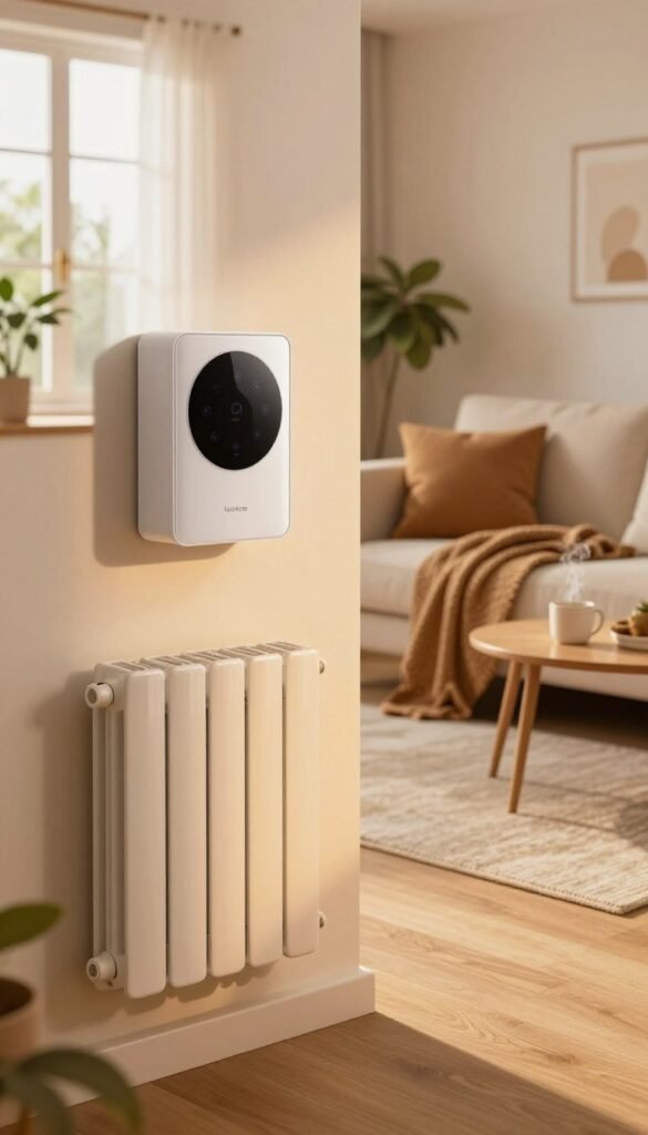 A cozy, modern living space featuring a sleek, smart heating system installed on a wall. In the foreground, a stylishly designed radiator with a minimalist design, showing warm colors and soft textures. The middle ground includes a comfortable sofa adorned with plush cushions, a warm throw blanket, and a small coffee table with a steaming mug. In the background, large windows allow natural light to pour in, illuminating the room with a gentle, inviting glow. Decorate the space with indoor plants and subtle decor elements. The atmosphere feels welcoming and efficient, emphasizing energy-saving technology. Include the brand name "TechKiste" subtly incorporated into the design of the heating system. The image should evoke warmth and modernity, resembling a Pinterest-worthy interior.