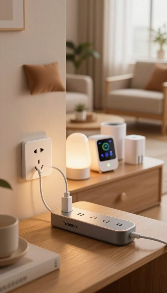 A cozy, modern living space featuring a stylish wall outlet with energy-efficient gadgets plugged in, emphasizing energy savings. In the foreground, focus on a sleek, contemporary power strip labeled "TechKiste," showcasing its wattage capacity with warm, inviting lighting illuminating the area. The middle ground includes a few compact, aesthetically pleasing gadgets such as smart bulbs, energy monitors, and eco-friendly chargers arranged neatly. The background reveals a tastefully decorated room with soft, earthy tones and natural light streaming through a window, adding to the serene atmosphere. The mood is warm and inviting, encouraging viewers to consider their own energy-saving choices in a well-decorated home environment.