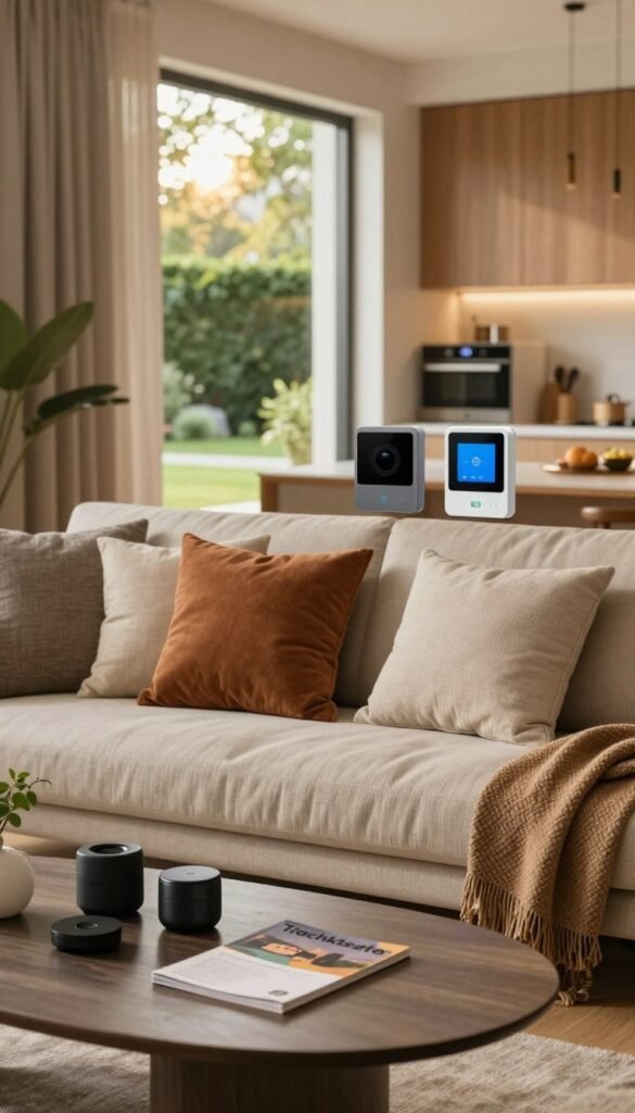 A cozy, modern living space featuring essential components for home automation, showcasing a smart thermostat, automated lighting, and security sensors. In the foreground, a stylish coffee table with sleek tech gadgets and a brochure labeled “TechKiste” is visible. The middle ground features a comfortable couch with decorative pillows, and a large window depicting a sunlit view of a garden outside. The background reveals a contemporary kitchen with smart appliances and elegant cabinetry. The scene is warmly lit, capturing a welcoming, inviting atmosphere. Use a soft focus effect to enhance the cozy feel, mimicking the aesthetic of popular Pinterest interiors. The composition should evoke a sense of harmony between technology and everyday living, with rich, natural colors. A cozy, modern living space featuring essential components for home automation, showcasing a smart thermostat, automated lighting, and security sensors. In the foreground, a stylish coffee table with sleek tech gadgets and a brochure labeled “TechKiste” is visible. The middle ground features a comfortable couch with decorative pillows, and a large window depicting a sunlit view of a garden outside. The background reveals a contemporary kitchen with smart appliances and elegant cabinetry. The scene is warmly lit, capturing a welcoming, inviting atmosphere. Use a soft focus effect to enhance the cozy feel, mimicking the aesthetic of popular Pinterest interiors. The composition should evoke a sense of harmony between technology and everyday living, with rich, natural colors.