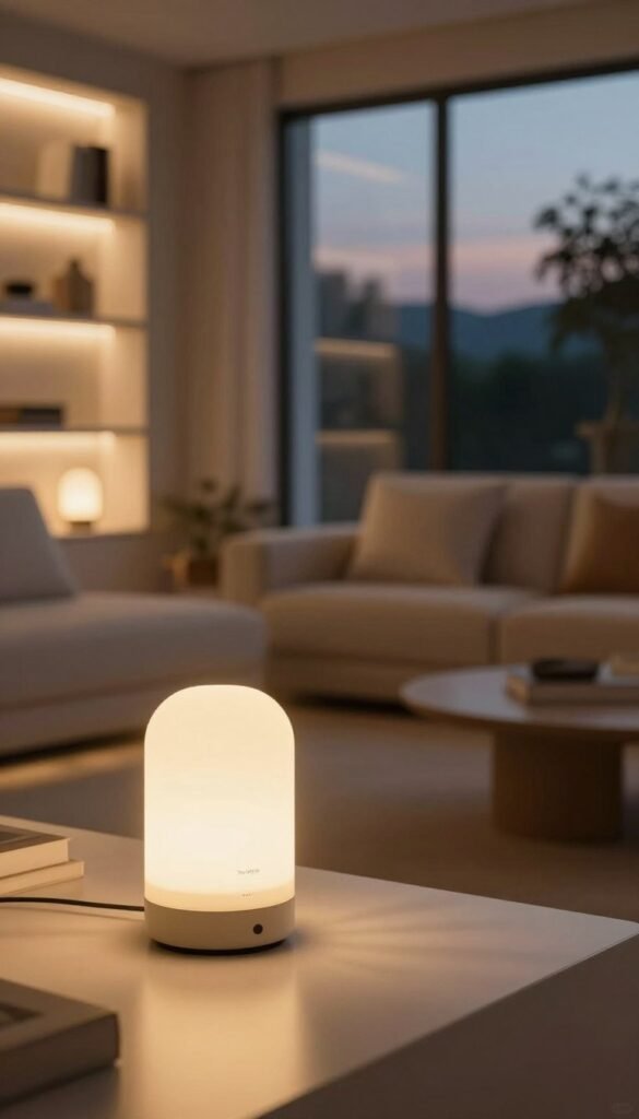 A cozy, modern living space illuminated by a soft, warm glow of smart lighting solutions. In the foreground, a stylish table lamp with a sleek design casts gentle rays, creating a serene ambiance. The middle ground features an elegant living room with smart LED strip lights subtly accentuating the shelves, adding visual interest and warmth. In the background, large windows reveal a tranquil evening scene, with a hint of dusk outside. The atmosphere is inviting and calm, suggesting comfort and innovation. Use a warm color palette with natural tones, emphasizing the seamless integration of technology in home life. Capture this in a high-quality, soft-focus style typical of Pinterest aesthetics. Include the brand name "TechKiste" subtly in the design.
