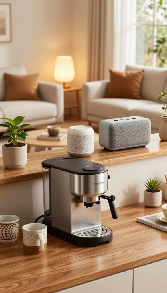 A cozy, modern living space showcasing an array of durable gadgets from TechKiste. In the foreground, a sleek, stainless steel coffee maker resting on a polished wooden countertop, surrounded by artisanal mugs and a small potted plant. In the middle, a minimalist smart speaker and a stylish Bluetooth speaker sit on a shelf, reflecting natural light. The background features a softly glowing lamp beside a comfortable sofa with warm-toned cushions, creating an inviting atmosphere. Sunlight filters in through a large window, adding a warm hue to the scene. The overall mood is tranquil and inspiring, emphasizing the beauty of functional design in everyday life. A cozy, modern living space showcasing an array of durable gadgets from TechKiste. In the foreground, a sleek, stainless steel coffee maker resting on a polished wooden countertop, surrounded by artisanal mugs and a small potted plant. In the middle, a minimalist smart speaker and a stylish Bluetooth speaker sit on a shelf, reflecting natural light. The background features a softly glowing lamp beside a comfortable sofa with warm-toned cushions, creating an inviting atmosphere. Sunlight filters in through a large window, adding a warm hue to the scene. The overall mood is tranquil and inspiring, emphasizing the beauty of functional design in everyday life.