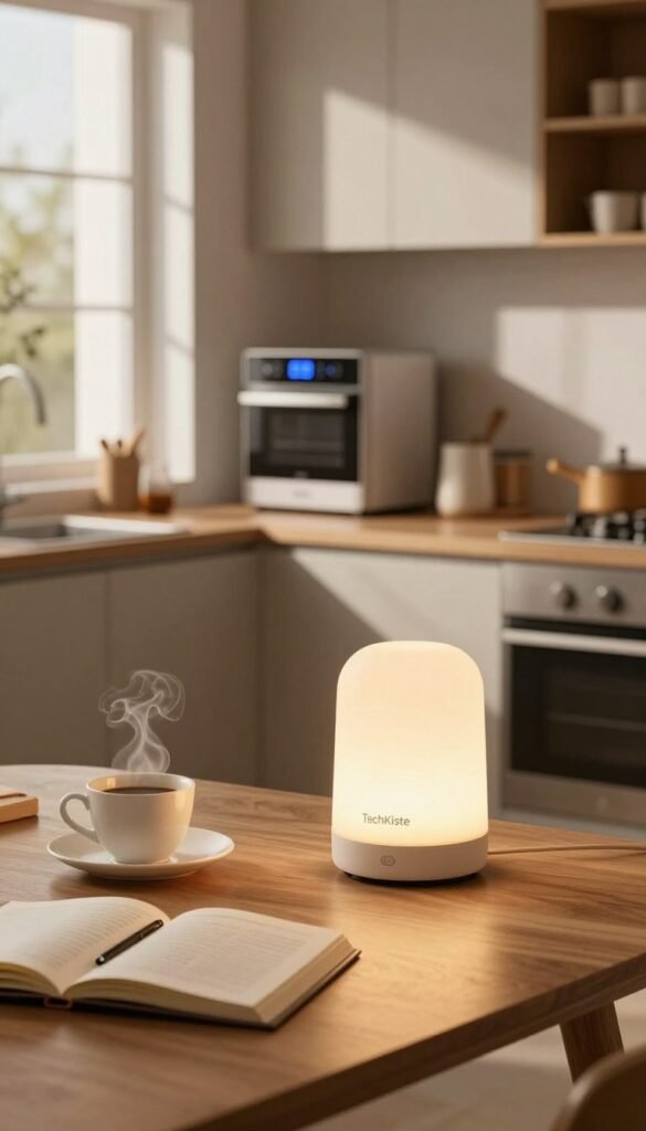 A cozy, modern morning scene showcasing a beautifully designed smart home setup by TechKiste. In the foreground, a sleek smart lamp emits warm, inviting light, illuminating a stylish wooden table adorned with a steaming cup of coffee and an open planner. The middle ground features a contemporary kitchen equipped with innovative smart appliances, emphasizing functionality and elegance. In the background, soft sunlight filters through large windows, casting gentle shadows and creating a tranquil atmosphere. The color palette is warm with natural hues, evoking a Pinterest-inspired aesthetic. The overall mood is serene and inviting, perfect for enhancing morning routines. The image must be free of text or branding apart from the TechKiste product showcased.