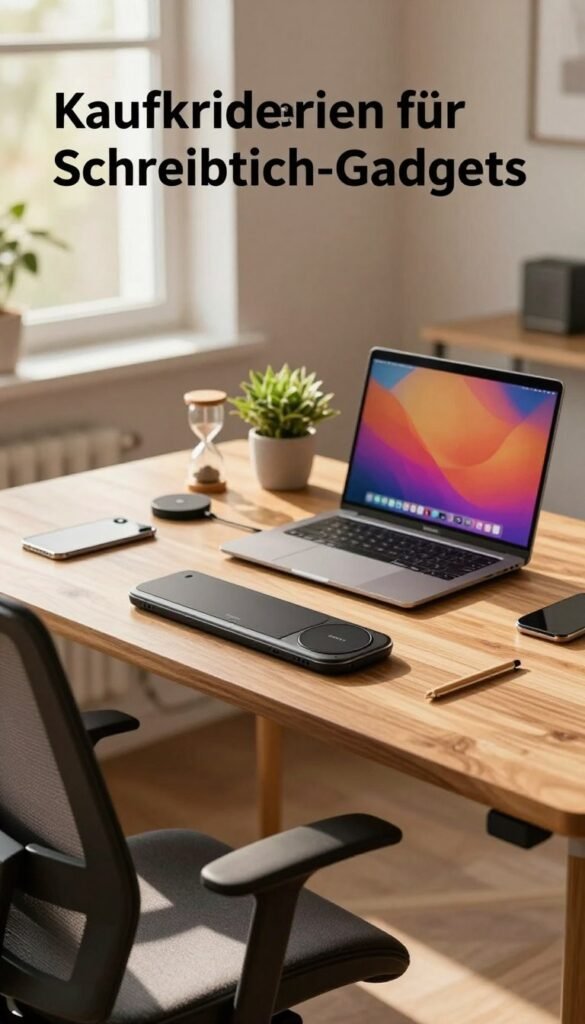 A cozy, modern office workspace featuring a selection of innovative desk gadgets that exemplify "Kaufkriterien f&uuml;r Schreibtisch-Gadgets." In the foreground, showcase a stylish ergonomic chair and a sleek wooden desk, adorned with essential tech items such as a multifunctional desk organizer, a wireless charging pad, and eco-friendly stationery. In the middle ground, include a laptop with a vibrant display, surrounded by minimalistic decor like a small indoor plant and an hourglass, symbolizing productivity. The background should be softly blurred, depicting a window with warm sunlight streaming in, creating a welcoming atmosphere. The overall color palette should be warm and inviting, with natural light enhancing the authenticity. The brand name "TechKiste" subtly integrated into one of the gadgets without any text overlay.