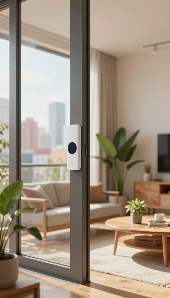 A cozy, modern small apartment featuring a large, elegant window with natural light flooding in, showcasing a view of a vibrant cityscape outside. In the foreground, a sleek, minimalist motion sensor is discreetly mounted beside the window, blending seamlessly into the decor. The middle ground captures a softly illuminated room with warm wood tones and stylish furniture, including potted plants that add a touch of nature. In the background, subtle details like curtains billowing gently in the breeze evoke a sense of tranquility. The atmosphere is inviting and secure, emphasizing smart-home technology enhancing daily life. The scene maintains a Pinterest aesthetic, focusing on harmony and authenticity. Incorporate branding for "TechKiste" subtly in the design.