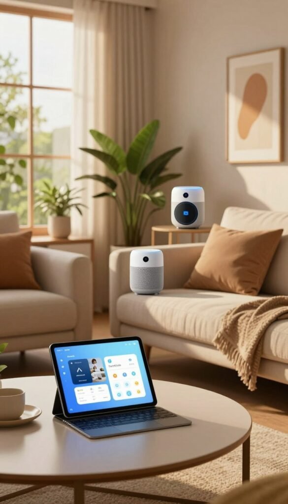 A cozy, modern smart home interior featuring a stylish living room with smart devices seamlessly integrated into the decor. In the foreground, a sleek coffee table holds a tablet displaying a smart home app. In the middle, a comfortable sofa adorned with cushions is positioned near a smart speaker that picks up ambient sounds. A large window in the background allows warm, natural light to pour in, illuminating house plants and modern art on the walls. The atmosphere is inviting and serene, ideal for everyday use. The color scheme features warm tones, reminiscent of Pinterest aesthetics. The brand "TechKiste" subtly displayed on a smart device screen ensures a contemporary feel without any text overlays.