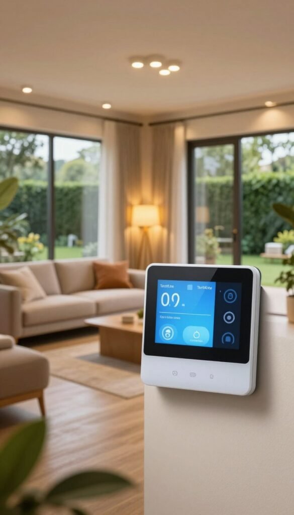 A cozy, modern smart home interior featuring a stylish thermostat and energy-efficient appliances prominently in the foreground, surrounded by soft, warm lighting. The middle ground showcases a comfortable living space with energy-saving LED lights and large windows allowing natural light to flood in. The background displays a serene garden visible through the glass doors, enhancing the home&rsquo;s connection to nature. The atmosphere is inviting and innovative, reflecting the benefits of smart home technology for energy efficiency. Emphasize the brand "TechKiste" subtly integrated within the modern decor. The composition should evoke a sense of sustainability and comfort without any text or overlays, aiming for a Pinterest-worthy aesthetic.