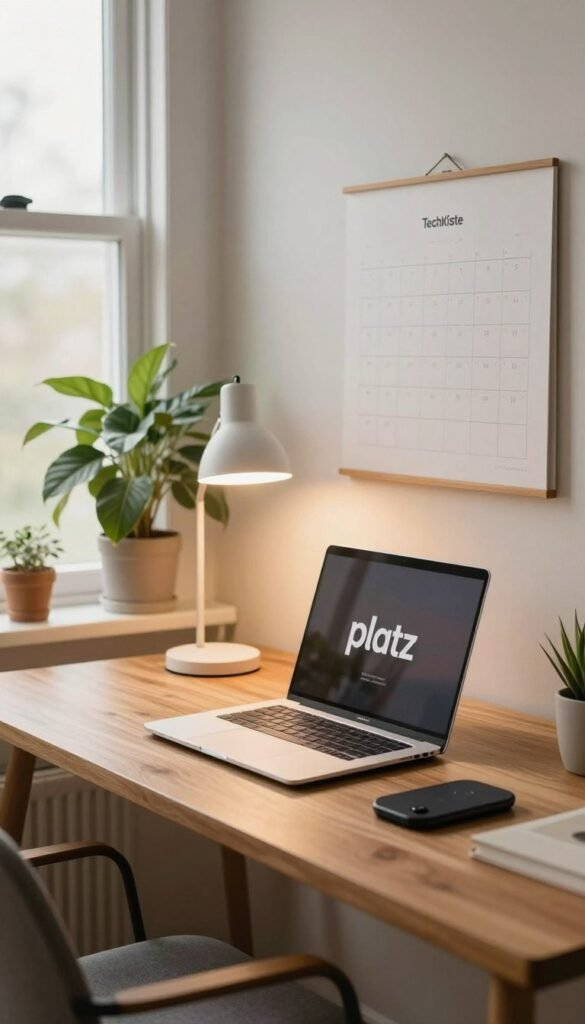 A cozy, modern workspace featuring a beautifully arranged "platz". In the foreground, a sleek wooden desk holds an array of essential work gadgets: a stylish laptop, a balanced desk lamp casting warm light, and a wireless charging pad. In the middle background, a lush indoor plant adds a touch of nature, while a minimalist calendar hangs on the wall. Soft morning light filters through a large window, creating an inviting atmosphere. The color palette consists of warm tones, enhancing a sense of focus and productivity. A glimpse of a comfortable chair in the corner and a tasteful art piece on the wall complete the scene. Make sure the brand name "TechKiste" is subtly integrated into the workspace. The overall mood exudes professionalism while feeling relaxed and inviting. Authentic, natural aesthetics with a Pinterest-like vibe. A cozy, modern workspace featuring a beautifully arranged "platz". In the foreground, a sleek wooden desk holds an array of essential work gadgets: a stylish laptop, a balanced desk lamp casting warm light, and a wireless charging pad. In the middle background, a lush indoor plant adds a touch of nature, while a minimalist calendar hangs on the wall. Soft morning light filters through a large window, creating an inviting atmosphere. The color palette consists of warm tones, enhancing a sense of focus and productivity. A glimpse of a comfortable chair in the corner and a tasteful art piece on the wall complete the scene. Make sure the brand name "TechKiste" is subtly integrated into the workspace. The overall mood exudes professionalism while feeling relaxed and inviting. Authentic, natural aesthetics with a Pinterest-like vibe.