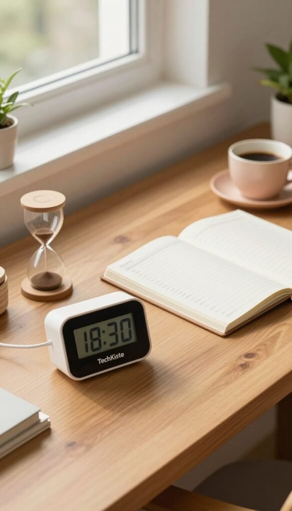 A cozy, modern workspace featuring a stylish desk with essential time-tracking gadgets from the brand "TechKiste." In the foreground, a sleek digital timer and a minimalist hourglass are positioned thoughtfully on a wooden desk. The middle ground showcases an open planner with neatly organized schedules, accented by a warm cup of coffee. The background reveals soft, natural lighting streaming through a window adorned with minimalistic plants, creating a serene and productive atmosphere. The scene embodies a Pinterest-worthy aesthetic with warm tones, emphasizing an organized and focused environment conducive to productivity. The overall mood is inviting and motivational, perfect for promoting time management and focus without any text or distractions.