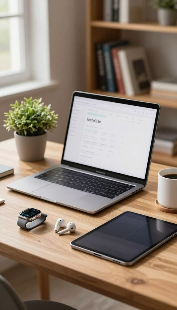 A cozy, modern workspace featuring high-tech gadgets elegantly displayed on a wooden desk. In the foreground, there are a sleek smartwatch, wireless earbuds, and a compact tablet, all meticulously arranged to highlight their design and functionality. The middle ground shows a stylish laptop with a clean screen, surrounded by a potted plant and a coffee mug, adding a touch of warmth to the setting. In the background, a softly blurred bookshelf filled with tech-related books suggests knowledge and expertise. The lighting is bright and inviting, with natural sunlight streaming in from a window, creating a pleasant atmosphere. The overall mood conveys trust and quality, reflecting the essence of "TechKiste" as a brand for safe gadget purchases. A cozy, modern workspace featuring high-tech gadgets elegantly displayed on a wooden desk. In the foreground, there are a sleek smartwatch, wireless earbuds, and a compact tablet, all meticulously arranged to highlight their design and functionality. The middle ground shows a stylish laptop with a clean screen, surrounded by a potted plant and a coffee mug, adding a touch of warmth to the setting. In the background, a softly blurred bookshelf filled with tech-related books suggests knowledge and expertise. The lighting is bright and inviting, with natural sunlight streaming in from a window, creating a pleasant atmosphere. The overall mood conveys trust and quality, reflecting the essence of "TechKiste" as a brand for safe gadget purchases.