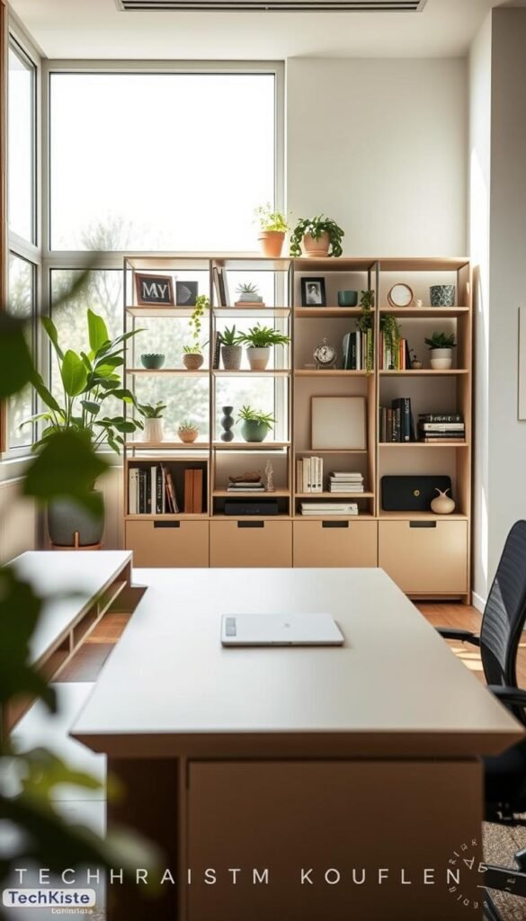 A cozy, modern workspace featuring innovative "Stauraum m&ouml;bel" solutions by TechKiste. In the foreground, a sleek, multifunctional desk with integrated storage compartments and a hidden workspace. The middle section showcases a stylish shelving unit filled with books, plants, and decorative items, blending functionality with aesthetics. In the background, a bright and airy room with large windows allowing natural light to flood in, creating a warm atmosphere. Soft, muted colors like beige and soft green enhance the calming environment. The lens captures the scene with a slight depth of field, focusing on the desk and shelving while gently blurring the background. No people are present, emphasizing the furniture design. The overall mood is inviting and organized, perfect for maximizing space efficiency while maintaining a stylish home office look.