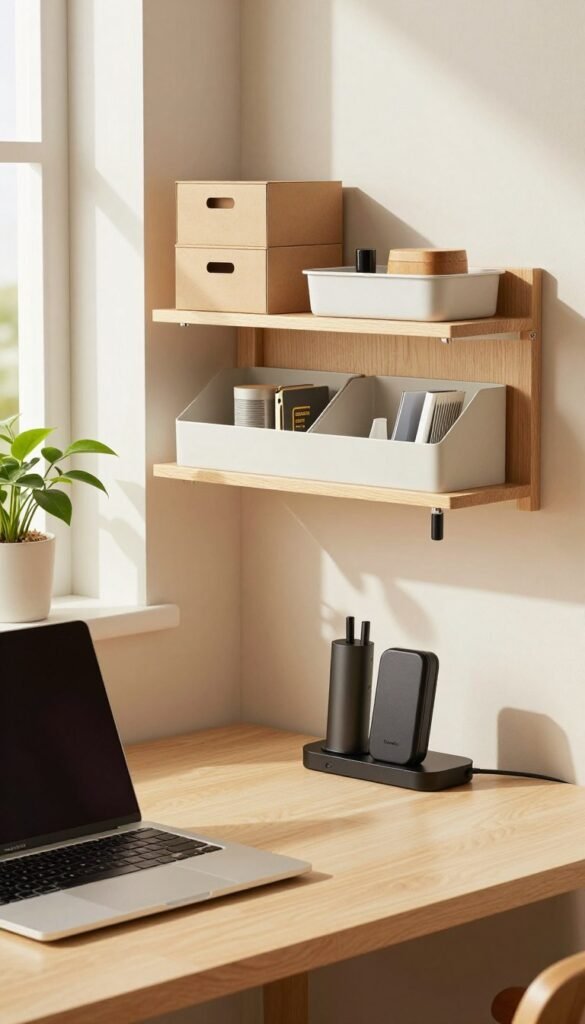 A cozy, modern workspace featuring innovative space-saving gadgets from TechKiste. In the foreground, a stylish, minimalistic desk with a sleek laptop, a compact docking station, and a multi-functional charging station designed to organize cables. In the middle, a wall-mounted shelf showcasing various practical items like stackable storage boxes, foldable organizers, and a magnetic knife strip, all in warm, natural colors. The background includes a window with soft, natural light streaming in, illuminating indoor plants that add a touch of freshness, enhancing the inviting atmosphere. The overall mood is one of efficiency and tranquility, emphasizing the theme of order and organization without any text or distractions.