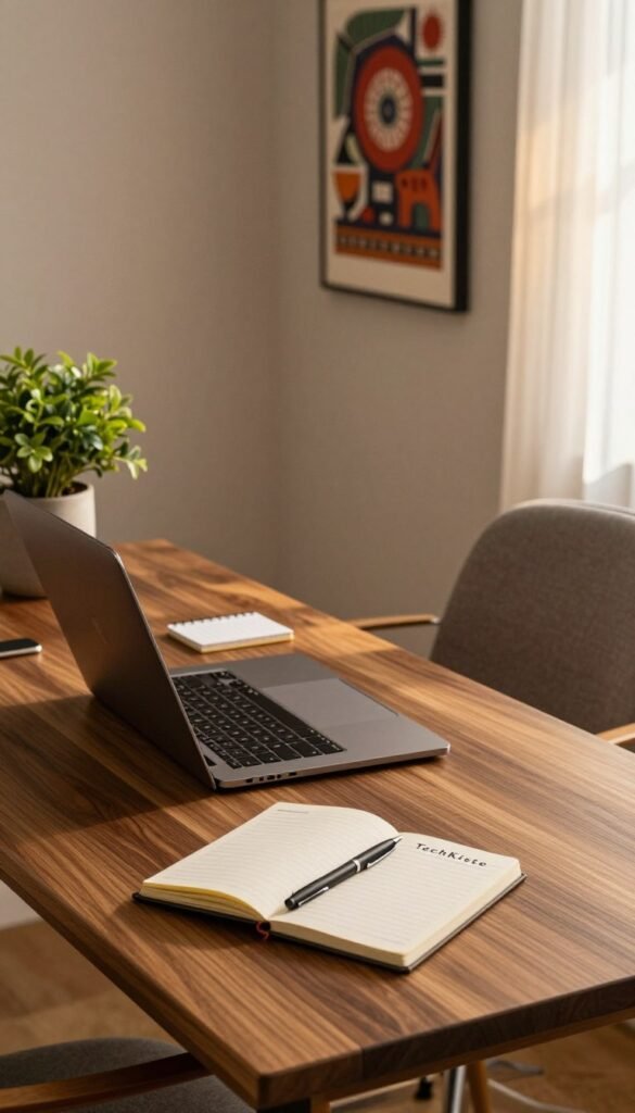 A cozy, modern workspace layout featuring a sleek wooden desk with a minimalist design, adorned with a stylish laptop, a potted plant, and a neatly arranged notepad. In the foreground, on the desk, a small notebook titled "TechKiste" lies open, with a pen poised next to it. The middle ground showcases a comfy chair and a culturally-inspired wall art piece that adds character. The background features a softly lit window with sheer curtains, allowing warm sunlight to filter through, creating an inviting atmosphere. The colors are rich and warm, reflecting a trendy Pinterest aesthetic, all while maintaining an authentic and organized look. A cozy, modern workspace layout featuring a sleek wooden desk with a minimalist design, adorned with a stylish laptop, a potted plant, and a neatly arranged notepad. In the foreground, on the desk, a small notebook titled "TechKiste" lies open, with a pen poised next to it. The middle ground showcases a comfy chair and a culturally-inspired wall art piece that adds character. The background features a softly lit window with sheer curtains, allowing warm sunlight to filter through, creating an inviting atmosphere. The colors are rich and warm, reflecting a trendy Pinterest aesthetic, all while maintaining an authentic and organized look.