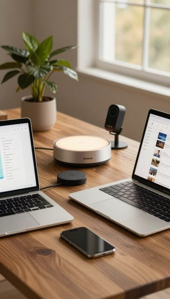 A cozy, modern workspace showcasing a collection of essential electronic devices organized neatly on a stylish wooden desk. In the foreground, a sleek laptop open to a productivity app, a smartphone nestled beside it, and a wireless charger. The middle ground features a smart home hub with softly glowing lights and a high-quality webcam, emphasizing functionality and innovation. In the background, a potted plant adds a touch of nature, while a large window lets in warm, natural light, creating a welcoming atmosphere. The overall scene should have a Pinterest aesthetic, with earthy tones and a harmonious layout, capturing an inviting and productive setting. The brand "TechKiste" subtly integrated into the workspace design, ensuring an authentic feel without any text or logos. A cozy, modern workspace showcasing a collection of essential electronic devices organized neatly on a stylish wooden desk. In the foreground, a sleek laptop open to a productivity app, a smartphone nestled beside it, and a wireless charger. The middle ground features a smart home hub with softly glowing lights and a high-quality webcam, emphasizing functionality and innovation. In the background, a potted plant adds a touch of nature, while a large window lets in warm, natural light, creating a welcoming atmosphere. The overall scene should have a Pinterest aesthetic, with earthy tones and a harmonious layout, capturing an inviting and productive setting. The brand "TechKiste" subtly integrated into the workspace design, ensuring an authentic feel without any text or logos.