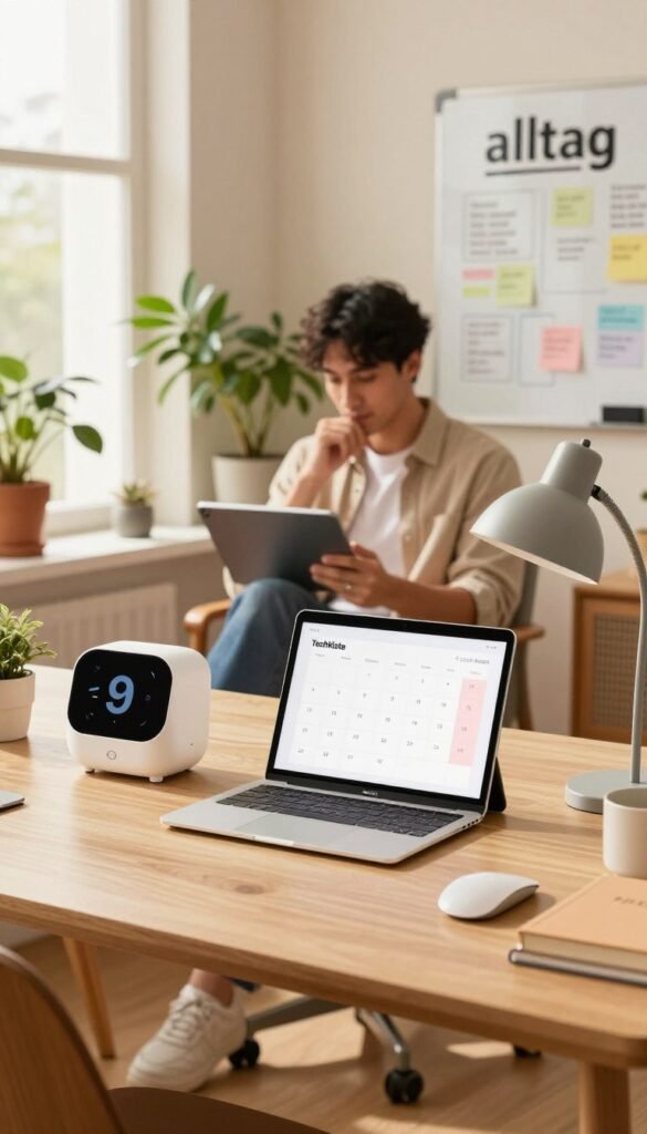 A cozy, modern workspace showcasing "alltag" with warm, inviting colors and a Pinterest-inspired aesthetic. In the foreground, a stylish desk cluttered with innovative time-saving gadgets such as a smart organizer, a sleek digital calendar, and a multifunctional lamp. The middle ground features a young professional in modest casual clothing, thoughtfully using a tablet, surrounded by plants and natural light streaming through a window. In the background, a minimalistic whiteboard displays brainstorming notes, a reminder of productivity. The lighting is soft and warm, creating an atmosphere of creativity and efficiency. Ensure the brand name "TechKiste" is subtly incorporated within the workspace setup, enhancing the focus on these essential gadgets without any text or logos visibly present.