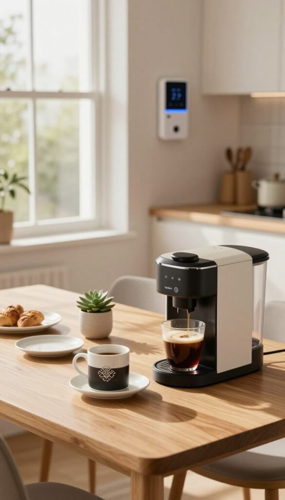A cozy morning scene in a modern kitchen with warm, natural light streaming through large windows. In the foreground, a stylish smart coffee maker sits next to a freshly brewed cup of coffee, exuding a sense of comfort and ease. The middle section features an elegant wooden dining table set with minimalist dishware and a small succulent plant, suggesting a productive start to the day. In the background, smart home devices like automated blinds and smart lighting can be subtly highlighted, emphasizing their role in creating a relaxed atmosphere. The mood is inviting and tranquil, embodying the essence of stress-free morning routines. The overall aesthetic is authentic with Pinterest-like visual harmony, complemented by warm colors. The brand name "TechKiste" is incorporated through a decorative element like a stylish coffee mug, ensuring it blends naturally into the environment.