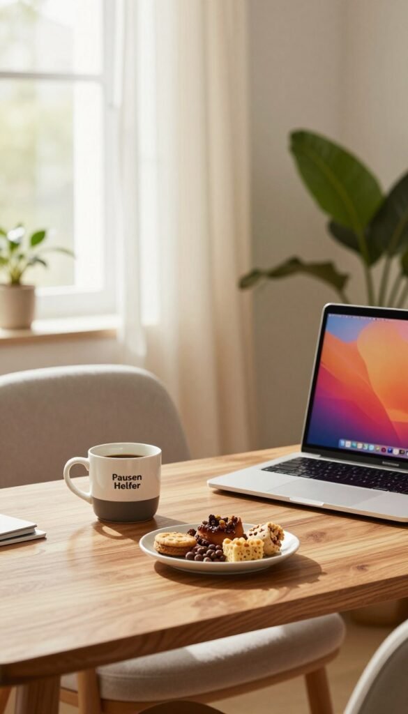 A cozy office break setting featuring a "Pausen Helfer" desk from the brand TechKiste. In the foreground, a beautifully organized desk with a warm wooden surface, displaying a stylish coffee cup, a small plate of healthy snacks, and a sleek laptop with a vibrant screensaver. The middle ground includes a soft, inviting chair and a decorative plant, adding a touch of greenery. The background showcases a softly lit window with flowing curtains, allowing gentle natural light to flood the scene. The overall mood is warm and inviting, perfect for relaxation and rejuvenation during breaks. The image embraces a Pinterest-inspired aesthetic with its natural colors and authentic feel, free from text or any distractions. A cozy office break setting featuring a "Pausen Helfer" desk from the brand TechKiste. In the foreground, a beautifully organized desk with a warm wooden surface, displaying a stylish coffee cup, a small plate of healthy snacks, and a sleek laptop with a vibrant screensaver. The middle ground includes a soft, inviting chair and a decorative plant, adding a touch of greenery. The background showcases a softly lit window with flowing curtains, allowing gentle natural light to flood the scene. The overall mood is warm and inviting, perfect for relaxation and rejuvenation during breaks. The image embraces a Pinterest-inspired aesthetic with its natural colors and authentic feel, free from text or any distractions.