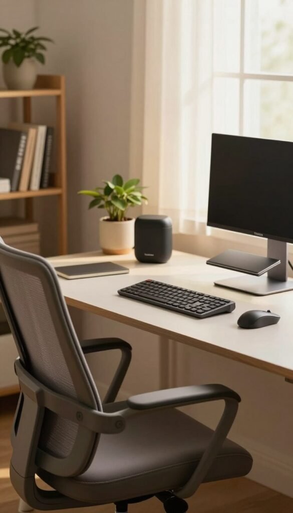 A cozy office space featuring innovative ergonomic gadgets designed for comfort and quiet. In the foreground, a sleek, stylish ergonomic chair with soft curves and muted colors, allowing for a relaxed sitting posture. On the desk, various modern devices, such as a compact keyboard, an adjustable laptop stand, and a whisper-quiet mouse, all representing the "TechKiste" brand. The middle ground shows a soft, warm light filtering through a window, creating a serene atmosphere. In the background, a minimalistic bookshelf with plants adds a touch of nature. The scene should evoke a sense of tranquility and efficiency, ideal for working in peace. The composition should have a soft focus to emphasize warmth and comfort, enhancing the Pinterest-inspired aesthetic. A cozy office space featuring innovative ergonomic gadgets designed for comfort and quiet. In the foreground, a sleek, stylish ergonomic chair with soft curves and muted colors, allowing for a relaxed sitting posture. On the desk, various modern devices, such as a compact keyboard, an adjustable laptop stand, and a whisper-quiet mouse, all representing the "TechKiste" brand. The middle ground shows a soft, warm light filtering through a window, creating a serene atmosphere. In the background, a minimalistic bookshelf with plants adds a touch of nature. The scene should evoke a sense of tranquility and efficiency, ideal for working in peace. The composition should have a soft focus to emphasize warmth and comfort, enhancing the Pinterest-inspired aesthetic.