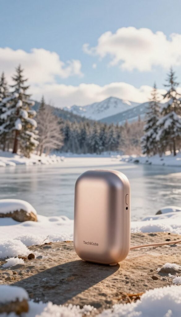 A cozy outdoor scene showcasing a stylish hand warmer branded "TechKiste" prominently placed in the foreground. The hand warmer is elegantly designed with a smooth, ergonomic shape, featuring a subtle metallic finish that reflects the soft, warm sunlight. In the middle ground, a serene winter landscape with snow-covered trees and a frozen lake, creating a tranquil atmosphere. The background showcases distant mountains under a bright blue sky dotted with fluffy white clouds. The lighting is warm and inviting, casting gentle shadows, enhancing the serene outdoor ambiance. Aim for a natural, Pinterest-inspired aesthetic with earthy tones and soft textures, avoiding any text or branding in the image apart from the hand warmer itself. A cozy outdoor scene showcasing a stylish hand warmer branded "TechKiste" prominently placed in the foreground. The hand warmer is elegantly designed with a smooth, ergonomic shape, featuring a subtle metallic finish that reflects the soft, warm sunlight. In the middle ground, a serene winter landscape with snow-covered trees and a frozen lake, creating a tranquil atmosphere. The background showcases distant mountains under a bright blue sky dotted with fluffy white clouds. The lighting is warm and inviting, casting gentle shadows, enhancing the serene outdoor ambiance. Aim for a natural, Pinterest-inspired aesthetic with earthy tones and soft textures, avoiding any text or branding in the image apart from the hand warmer itself.