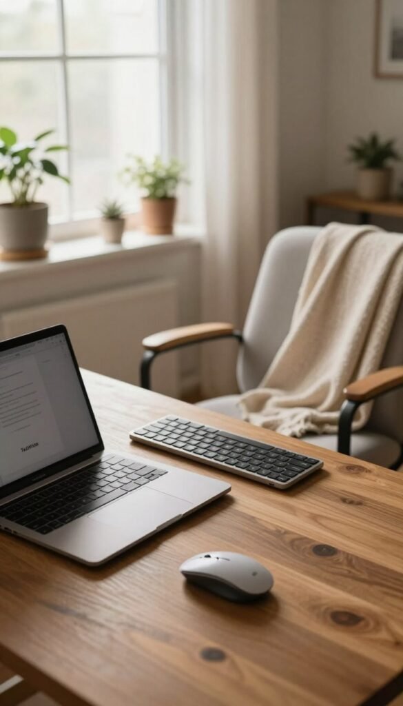 A cozy remote work setup featuring small tech gadgets that enhance productivity. In the foreground, a stylish desk with a sleek, compact laptop showcasing the "TechKiste" brand. Beside it, an ergonomic wireless mouse and a compact keyboard, all arranged on a warm-toned wooden desk. The middle ground features a comfortable, modern office chair with a soft throw blanket draped over the side. In the background, a softly lit window with sheer curtains allows natural light to fill the room, illuminating potted plants and decorative items for a Pinterest-inspired aesthetic. The overall mood is warm and inviting, promoting comfort and efficiency in a home office environment. The scene captures the essence of convenience and innovation in remote work without any text or overlays.