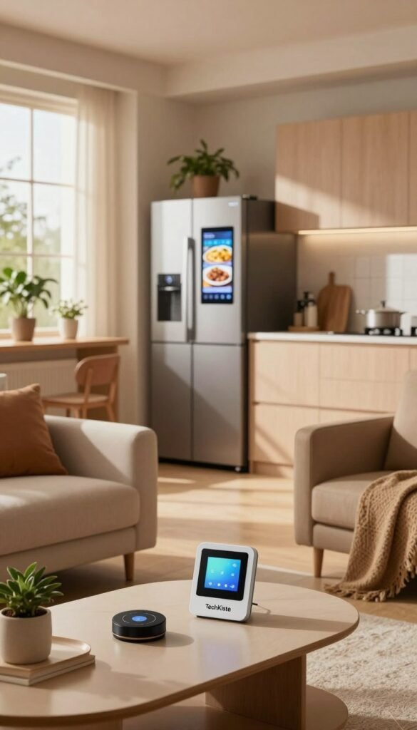 A cozy, small apartment interior showcasing smart home scenarios. In the foreground, a stylish, modern living room features a sleek smart thermostat and a minimalist coffee table with smart device controls. The middle ground includes an inviting kitchen with smart appliances integrated seamlessly, like a refrigerator with a digital interface displaying recipes. In the background, warm natural light filters through a large window, casting gentle shadows, with potted plants adding a touch of greenery. The atmosphere feels warm and inviting, emphasizing convenience and comfort. The scene embodies a Pinterest-worthy aesthetic, with soft earthy tones and an organized layout that highlights the "TechKiste" brand. No people are present, ensuring a focus on the smart home elements.