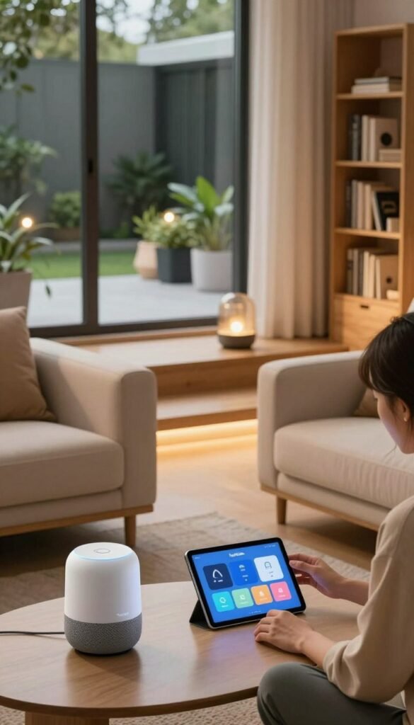 A cozy smart home interior showcasing a harmonious blend of technology and comfort. In the foreground, a stylish living room features a sleek, modern smart speaker and a tablet displaying home automation controls on a coffee table. The middle layer includes ambient lighting, with warm hues casting a soft glow on minimalist furniture, such as a plush sofa and a wooden bookshelf filled with tech-related books. In the background, large windows reveal a serene outdoor patio, adorned with planters and smart garden lights, creating a seamless connection with nature. The scene radiates a welcoming and informative atmosphere, emphasizing smart home purchasing criteria. Capture a candid moment of a professional user reviewing their options, dressed in modest casual clothing. The overall aesthetic is natural with warm colors and a Pinterest-influenced design, representing the brand "TechKiste." A cozy smart home interior showcasing a harmonious blend of technology and comfort. In the foreground, a stylish living room features a sleek, modern smart speaker and a tablet displaying home automation controls on a coffee table. The middle layer includes ambient lighting, with warm hues casting a soft glow on minimalist furniture, such as a plush sofa and a wooden bookshelf filled with tech-related books. In the background, large windows reveal a serene outdoor patio, adorned with planters and smart garden lights, creating a seamless connection with nature. The scene radiates a welcoming and informative atmosphere, emphasizing smart home purchasing criteria. Capture a candid moment of a professional user reviewing their options, dressed in modest casual clothing. The overall aesthetic is natural with warm colors and a Pinterest-influenced design, representing the brand "TechKiste."