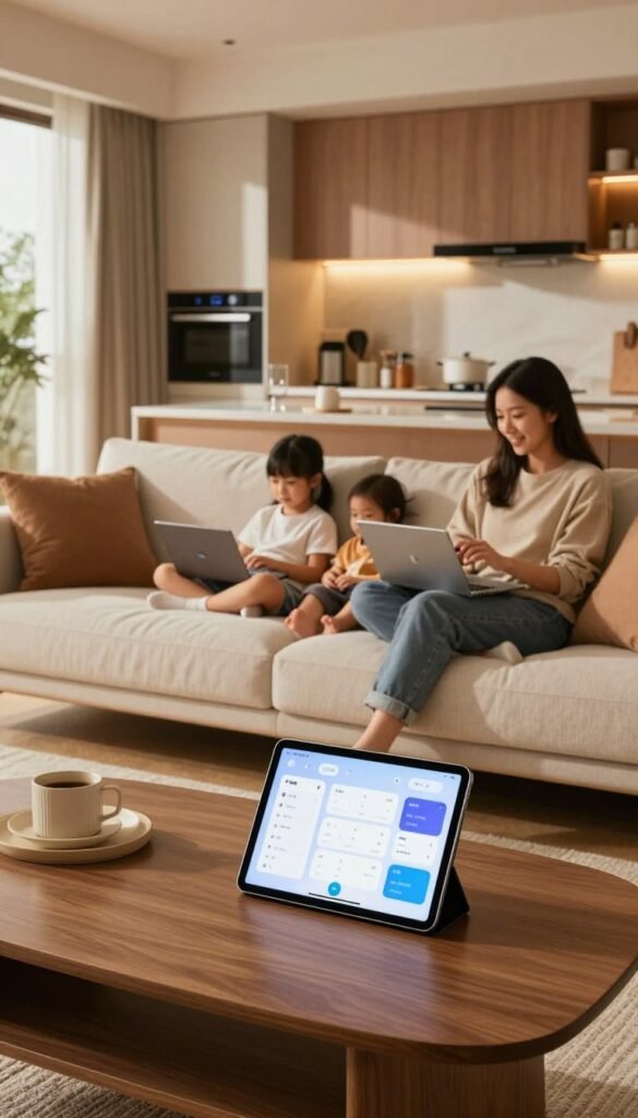 A cozy smart home interior, showcasing a modern living space filled with high-tech gadgets. In the foreground, a stylish coffee table holds a tablet displaying automated schedules and smart home controls. The middle layer features a comfortable sofa with a family, dressed in modest casual clothing, relaxing while interacting with smart devices. The background reveals a sleek kitchen with automated appliances and intelligent lighting casting a warm glow. Natural light filters through large windows, accentuating earthy tones and inviting textures. The overall mood is tranquil and productive, highlighting the ease technology brings to daily life. Brand elements subtly include "TechKiste" in decor, ensuring a seamless integration into the warm, Pinterest-inspired aesthetic.
