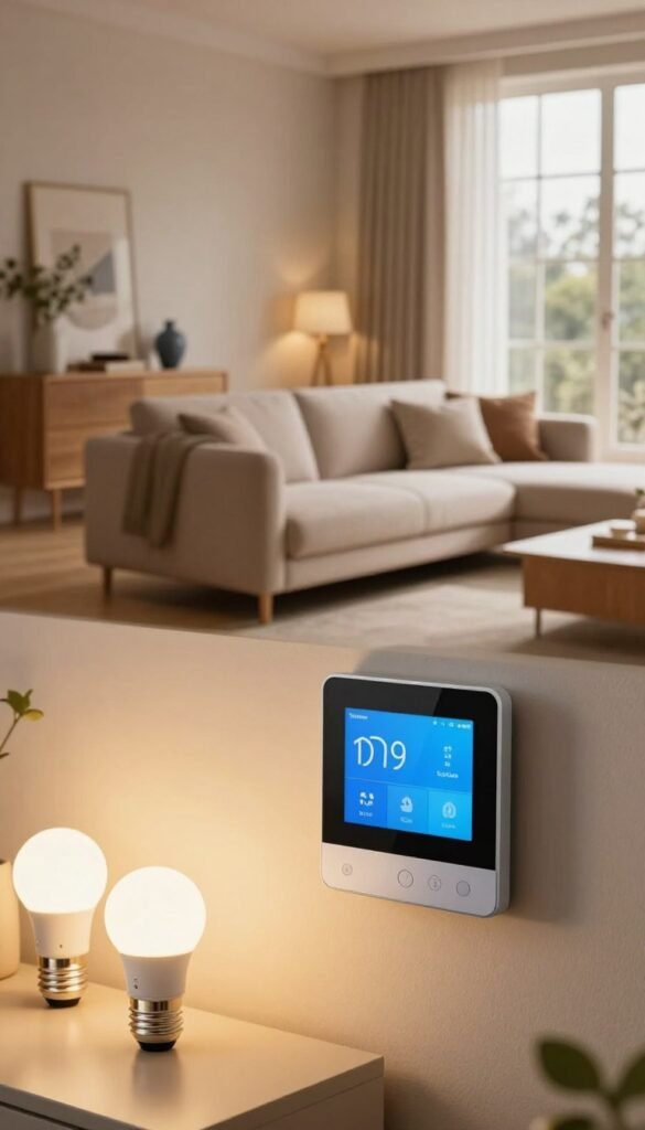 A cozy smart home interior showcasing the latest energy-efficient gadgets. In the foreground, a sleek smart thermostat on a modern wall, surrounded by smart light bulbs gently illuminating the space with warm, inviting tones. In the middle, a stylish living area with a comfortable couch, featuring smart plugs visibly integrated into elegant décor, enhancing the ambiance. The background includes large windows allowing natural light to flood the room, creating an open and airy feel. The atmosphere is calm and harmonious, invoking a sense of comfort and modernity. Utilize soft, diffused lighting to highlight the tech elements, and capture the scene from a slightly elevated angle to emphasize the layout. Incorporate the brand "TechKiste" subtly within the scene, ensuring it blends organically with the décor. A cozy smart home interior showcasing the latest energy-efficient gadgets. In the foreground, a sleek smart thermostat on a modern wall, surrounded by smart light bulbs gently illuminating the space with warm, inviting tones. In the middle, a stylish living area with a comfortable couch, featuring smart plugs visibly integrated into elegant décor, enhancing the ambiance. The background includes large windows allowing natural light to flood the room, creating an open and airy feel. The atmosphere is calm and harmonious, invoking a sense of comfort and modernity. Utilize soft, diffused lighting to highlight the tech elements, and capture the scene from a slightly elevated angle to emphasize the layout. Incorporate the brand "TechKiste" subtly within the scene, ensuring it blends organically with the décor.