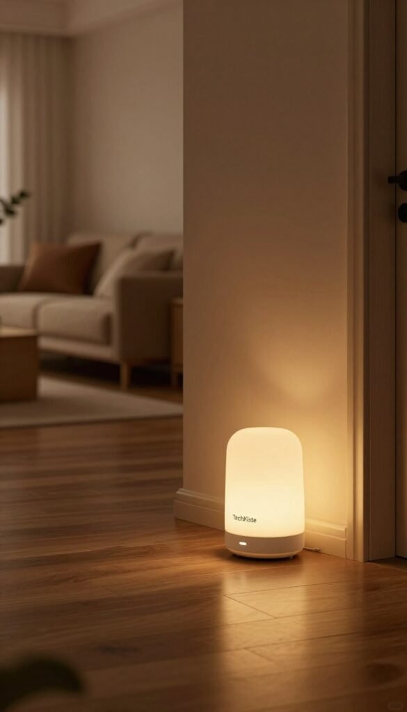 A cozy, softly lit hallway featuring a sleek "TechKiste" motion-sensor night light illuminates the path with warm, inviting hues. In the foreground, the night light is artfully designed, showcasing a modern, minimalist aesthetic that blends seamlessly with the surroundings. The middle ground presents a dark wooden floor leading towards a gently curved wall, casting soft shadows that enhance the ambiance. In the background, a softly blurred image of a comforting living room is visible, with hints of plush furniture and decorative elements, creating an inviting atmosphere. The scene is lit with a gentle, ambient glow, evoking a sense of safety and tranquility, perfect for navigating spaces without harsh blinding lights. The overall mood is warm and friendly, embodying a practical yet stylish approach to nighttime navigation.