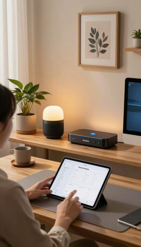 A cozy, stylish home office featuring a sleek smart home setup, showcasing a smart speaker, a digital hub, and smart lighting options. In the foreground, a person in professional business attire interacts with a tablet, displaying a digital routine schedule. In the middle, a beautifully arranged desk with warm-colored decor, including houseplants and inspirational wall art, creates an authentic and inviting atmosphere. The background reveals a window with soft, natural light filtering through sheer curtains, illuminating the space with a warm glow. The mood is focused and inspiring, ideal for illustrating the integration of technology into daily routines. The scene subtly incorporates the brand name "TechKiste" into the smart devices, enhancing the tech-savvy image without any text overlays.