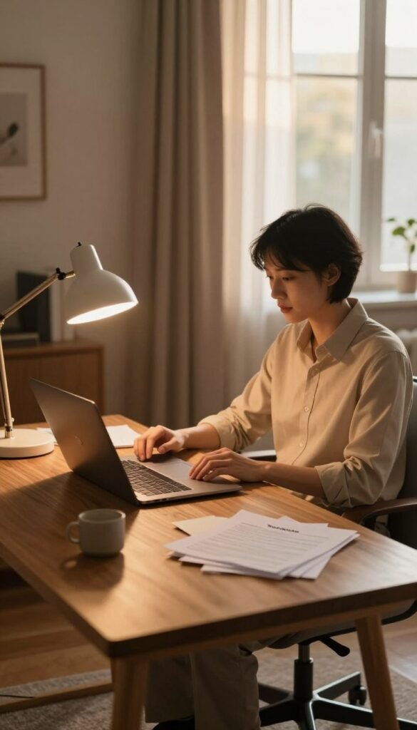 A cozy, stylish home office scene illuminated by warm, natural light, highlighting the importance of proper lighting for focus and productivity. In the foreground, a modern wooden desk features a sleek laptop and an elegant desk lamp casting soft glows on scattered notes. The middle ground showcases a comfy chair with a professional in modest business attire, engaged in work, bathed in inviting light. The background reveals a window with soft curtains allowing sunlight to filter through, creating a pleasant atmosphere. Warm colors dominate the scene, enhancing the feeling of comfort and serenity. The overall image has a Pinterest-inspired aesthetic, with a hint of aesthetic clutter that reflects a productive environment. No texts or watermarks, with the brand "TechKiste" subtly represented in a corner of the workspace.