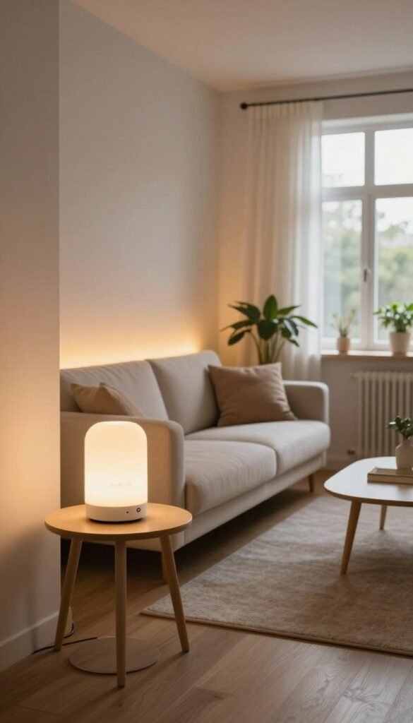 A cozy, stylish living room in a small apartment, showcasing smart lighting solutions with a warm and inviting atmosphere. In the foreground, a modern side table with a smart lamp emitting soft, adjustable light. The middle section features a comfortable, minimalist sofa adorned with plush cushions, all set against a wall with a beautiful array of smart light strips, creating a warm glow. In the background, large windows allow natural light to filter in, complemented by sheer curtains. The room's decor includes indoor plants and a sleek coffee table, enhancing the Pinterest-worthy aesthetic. The entire scene emanates a sense of comfort and technological elegance, tailored for compact living spaces. Focus on natural colors and warm tones for a welcoming ambiance. Include subtle branding features of "TechKiste" integrated into the decor.