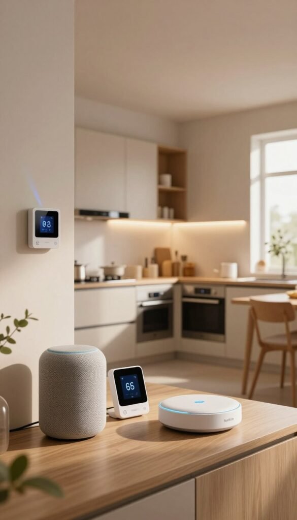 A cozy, stylish small apartment interior showcasing a combination of smart home devices. In the foreground, an elegant living area features a compact smart speaker, a sleek smart thermostat, and a digital assistant hub, all from the brand "TechKiste". The middle area displays an intelligently designed kitchen with smart lighting and energy-efficient appliances enhancing functionality. In the background, soft, warm natural light streams through a window, highlighting the inviting ambiance of the space. Use a wide-angle lens to capture the full essence of this sophisticated yet minimal living environment. The atmosphere should feel modern and welcoming, reflecting a Pinterest-inspired aesthetic with authentic, warm colors, and a sense of practicality. No text or branding should be visible in the image.