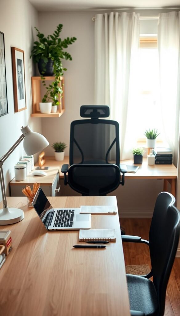 A cozy, stylish workspace setup in a small room, showcasing a modern desk from the brand "TechKiste." In the foreground, the desk features essential items like a sleek laptop, notepads, and a stylish desk lamp. The middle layer includes an ergonomic chair, subtle decorative plants, and organizational tools to reflect practicality and budget-conscious choices. In the background, soft natural light streams through a window, illuminating warm wooden tones and creating an inviting atmosphere. The overall scene should evoke a sense of calm productivity, with a Pinterest-inspired aesthetic that feels authentic and approachable. A cozy, stylish workspace setup in a small room, showcasing a modern desk from the brand "TechKiste." In the foreground, the desk features essential items like a sleek laptop, notepads, and a stylish desk lamp. The middle layer includes an ergonomic chair, subtle decorative plants, and organizational tools to reflect practicality and budget-conscious choices. In the background, soft natural light streams through a window, illuminating warm wooden tones and creating an inviting atmosphere. The overall scene should evoke a sense of calm productivity, with a Pinterest-inspired aesthetic that feels authentic and approachable.