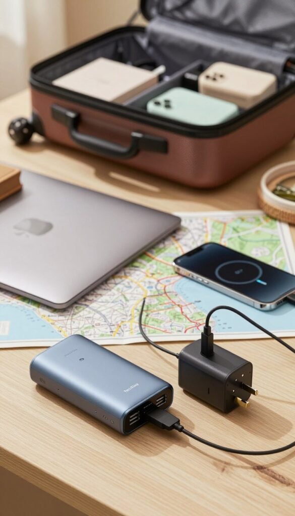A cozy travel-themed workspace showcasing various gadgets that enhance charging efficiency on the go. In the foreground, a sleek portable power bank with multiple USB ports and a compact travel adapter featuring universal plugs are beautifully arranged. In the middle, a stylish laptop with a lightweight, ergonomic design rests on a travel-themed map, while a smartphone wirelessly charges beside it. The background features a softly lit luggage bag opened to reveal organized compartments filled with tech accessories, all set against a warm, inviting atmosphere with natural light filtering in. The scene is designed to evoke a sense of adventure and practicality, ideal for travel enthusiasts. The brand name "TechKiste" subtly appears on the gadgets, emphasizing reliability and innovation. The overall palette features warm tones, creating an authentic Pinterest-inspired look, without any text or distractions.