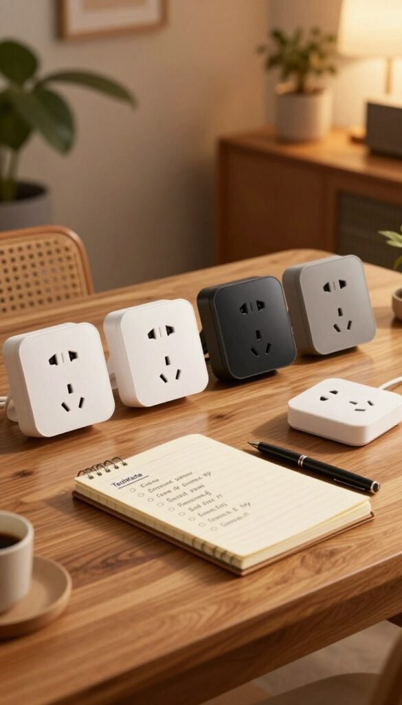 A cozy, warm-toned image showcasing a beautifully arranged smart power socket checklist laid out on a wooden desk. In the foreground, a selection of smart sockets labeled with the brand name "TechKiste" is artistically displayed, each socket featuring modern designs and varied functionalities. In the middle, a stylish notebook with a pen sits beside the sockets, displaying handwritten criteria for choosing smart sockets, like energy efficiency and app compatibility. The background features soft, blurred home décor elements like plants and ambient lighting, creating a welcoming atmosphere that emphasizes home automation. The scene conveys a sense of calm and innovation, ideal for readers interested in enhancing their living spaces with smart technology. No text, logos, or branding besides what’s on the products themselves. A cozy, warm-toned image showcasing a beautifully arranged smart power socket checklist laid out on a wooden desk. In the foreground, a selection of smart sockets labeled with the brand name "TechKiste" is artistically displayed, each socket featuring modern designs and varied functionalities. In the middle, a stylish notebook with a pen sits beside the sockets, displaying handwritten criteria for choosing smart sockets, like energy efficiency and app compatibility. The background features soft, blurred home décor elements like plants and ambient lighting, creating a welcoming atmosphere that emphasizes home automation. The scene conveys a sense of calm and innovation, ideal for readers interested in enhancing their living spaces with smart technology. No text, logos, or branding besides what’s on the products themselves.
