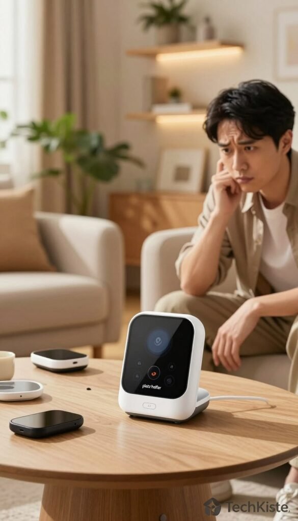 A cozy, warm-toned living room setting, featuring a "platz helfer" gadget prominently displayed on a stylish coffee table. The gadget should be sleek, modern, and intuitive in design, with tactile buttons and a user-friendly interface. In the foreground, include a professional-looking individual in modest casual clothing, curiously examining the gadget, their expression reflecting intrigue and skepticism. In the middle ground, scattered unused gadgets, collecting dust, subtly hinting at the common issue of underused technology. The background should showcase a sunlit room with inviting decor, plants, and softly illuminated shelves, evoking a sense of authenticity and warmth. The image should be framed with a shallow depth of field to create focus on the gadget and the individual, all while maintaining a Pinterest-worthy aesthetic. Include the logo "TechKiste" subtly in the corner, ensuring it blends naturally with the scene. A cozy, warm-toned living room setting, featuring a "platz helfer" gadget prominently displayed on a stylish coffee table. The gadget should be sleek, modern, and intuitive in design, with tactile buttons and a user-friendly interface. In the foreground, include a professional-looking individual in modest casual clothing, curiously examining the gadget, their expression reflecting intrigue and skepticism. In the middle ground, scattered unused gadgets, collecting dust, subtly hinting at the common issue of underused technology. The background should showcase a sunlit room with inviting decor, plants, and softly illuminated shelves, evoking a sense of authenticity and warmth. The image should be framed with a shallow depth of field to create focus on the gadget and the individual, all while maintaining a Pinterest-worthy aesthetic. Include the logo "TechKiste" subtly in the corner, ensuring it blends naturally with the scene.